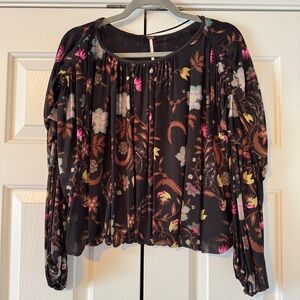 NWT Free People Black Long Sleeve Floral Print Top, XS
